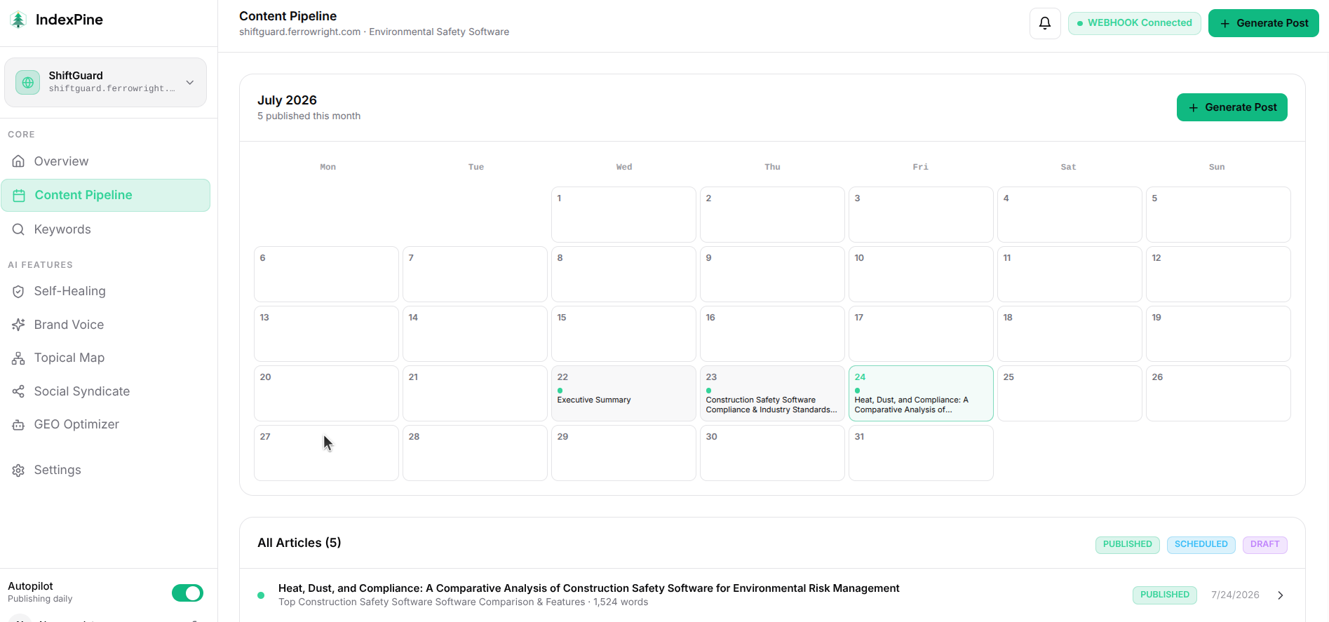 IndexPine Content Pipeline Calendar Interface